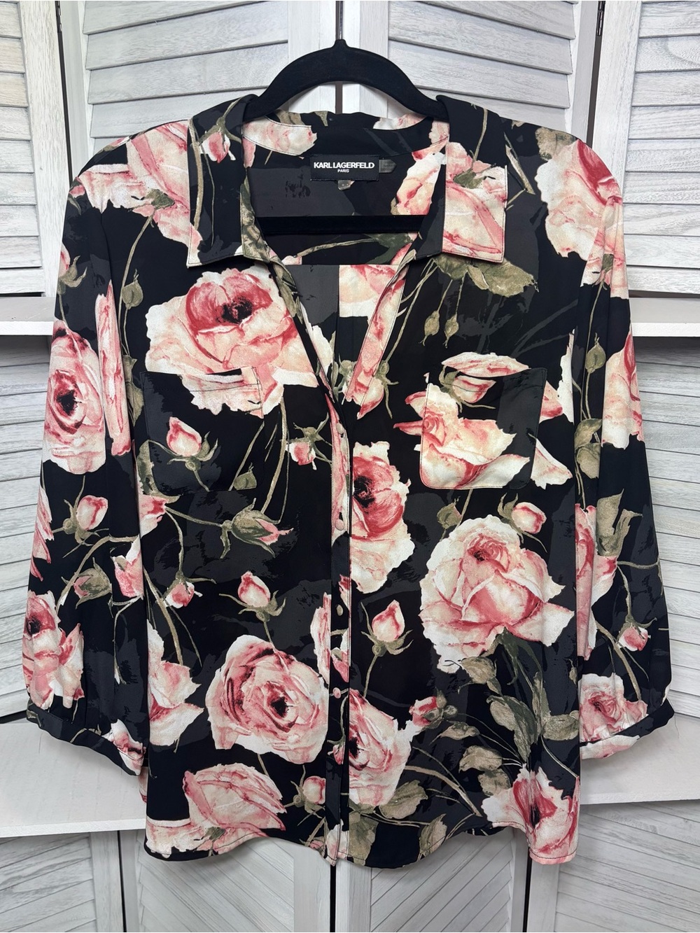 Karl Lagerfeld Paris Rose Print Button Front Blouse XL 1X